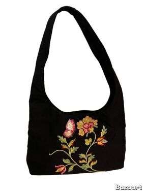 Black Canvas Handbag with Embroidered Flowers and Sequined Butterfly